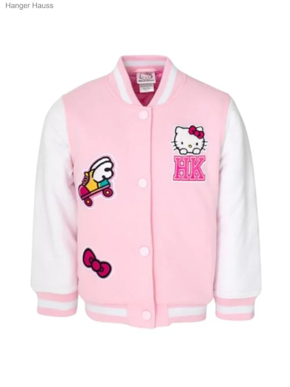 Hello Kitty Girls French Terry Varsity Bomber Jacket Snap Front Quilted